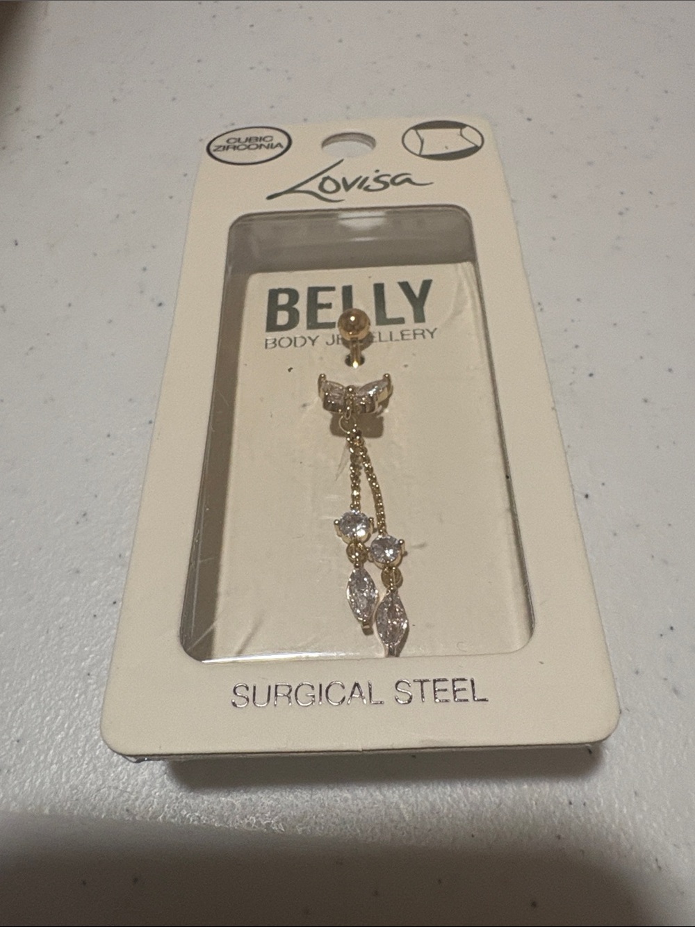 Gold Belly Dangle Navel Ring with Clear Stones